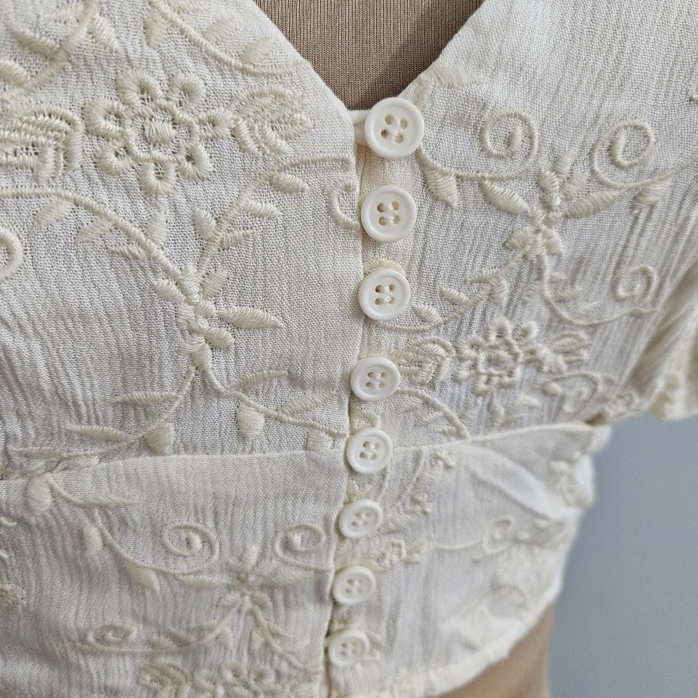 Cream Lace‎ Crop Top Boho Flutter Sleeve Open Back Smocked Y2K Embroidered Fairy